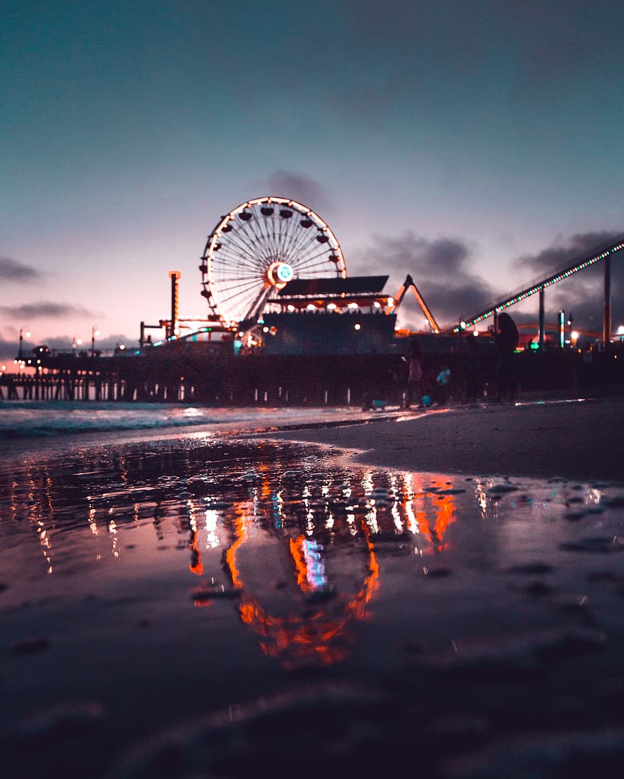 Ferris wheel during golden hour, beach, sky, coast, sea, pier
