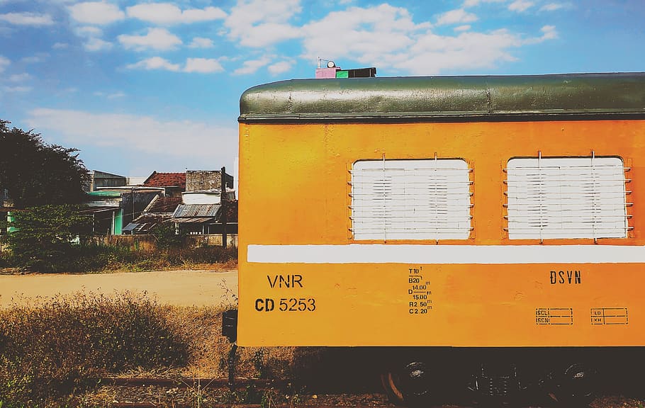 yellow vehicle, train track, rail, railway, transportation, road HD wallpaper