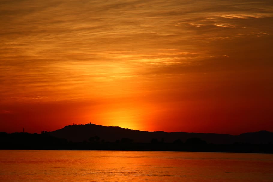 sunset, orange, sky orange, landscape, orange sky, burma, river irrawady HD wallpaper