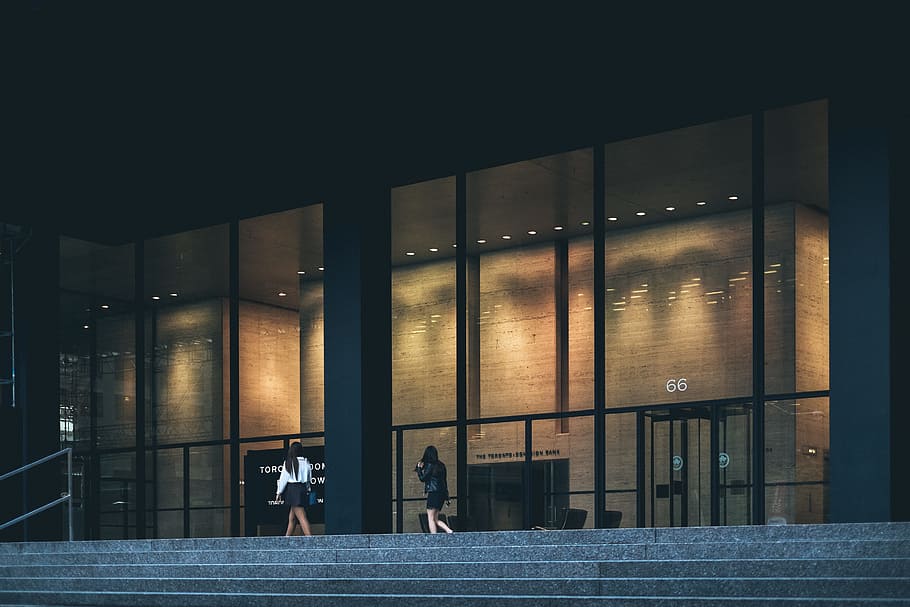 two woman walking near clear glass wall, building, person, step HD wallpaper