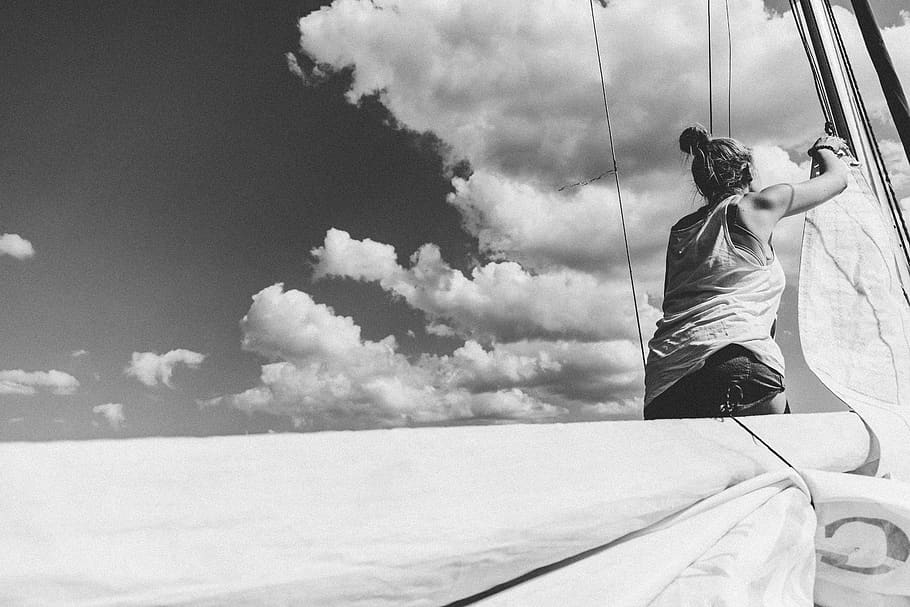 poland, szymonka, clouds, sailing, girl, lake, blackandwhite HD wallpaper