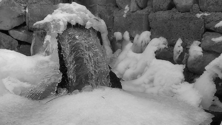 waterfall, snow, ice, bw, blackwhite, cold temperature, winter HD wallpaper
