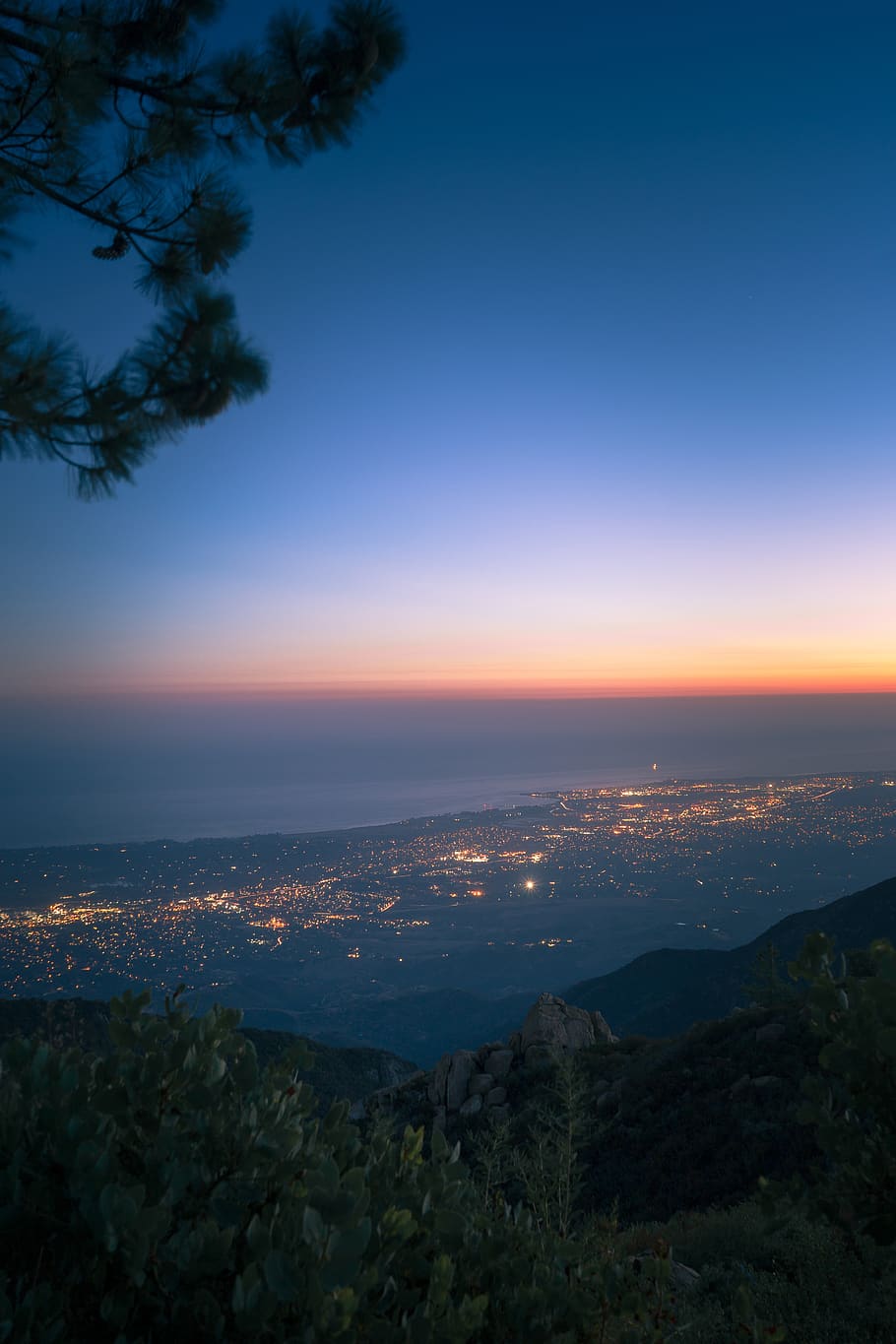 sky, scenics - nature, beauty in nature, tree, mountain, city HD wallpaper