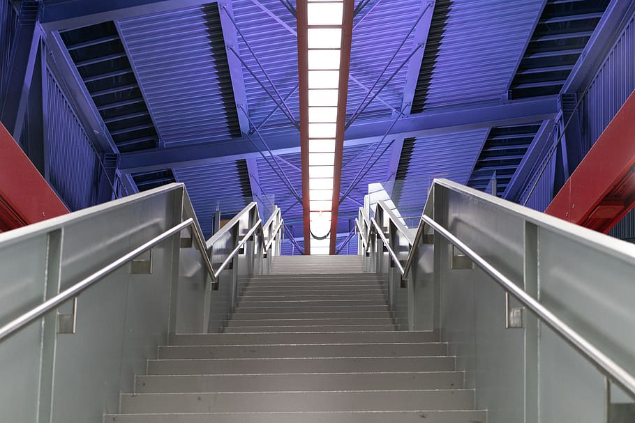 white concrete stairs with stainless steel rails, handrail, banister, HD wallpaper