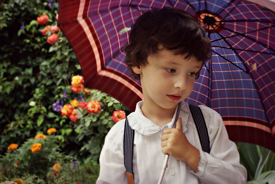 Boy Holding Purple Umbrella, child, close-up, daylight, facial expression HD wallpaper