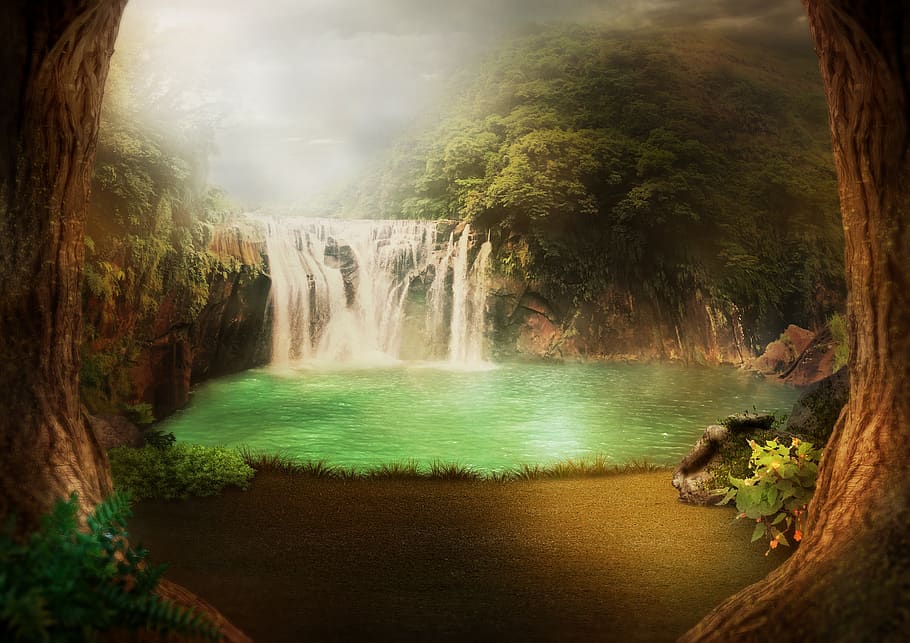 background image, waterfall, jungle, lake, flowers, mountains HD wallpaper