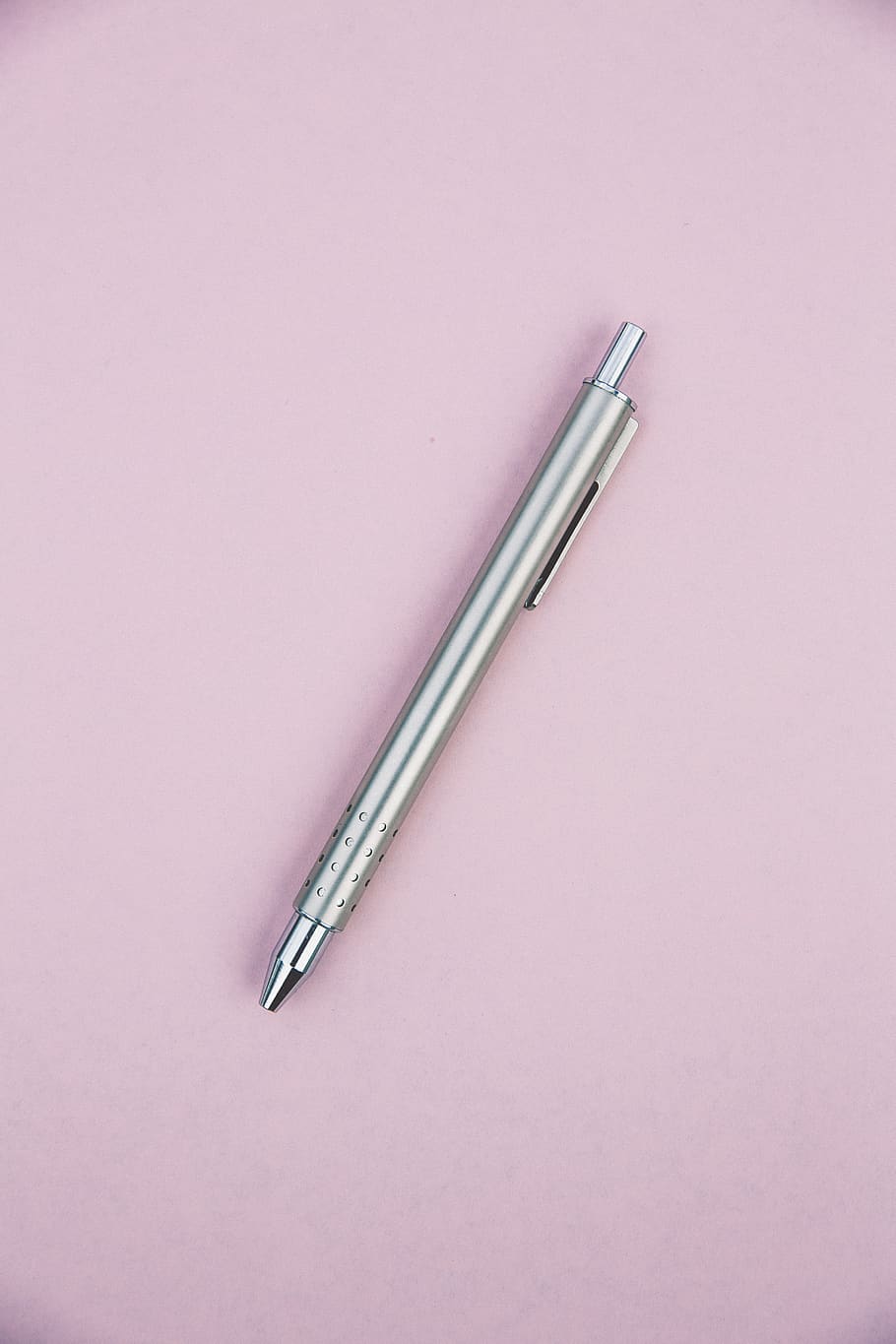 gray click pen, paper, pink, silver, tool, topdown, flat, single HD wallpaper