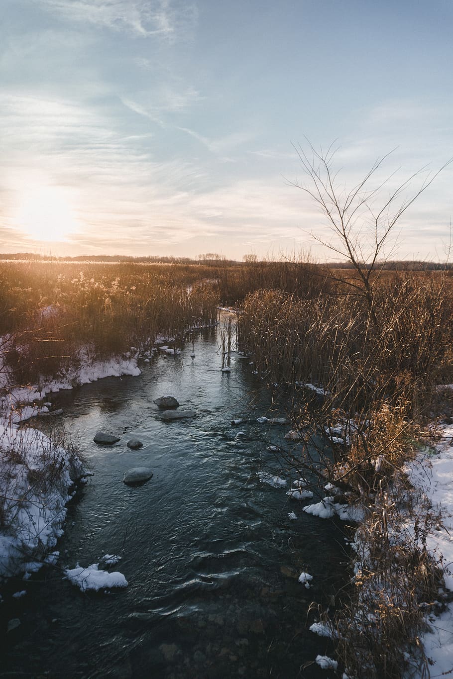 stream, winter, snow, cold, sunset, sky, water, cold temperature HD wallpaper