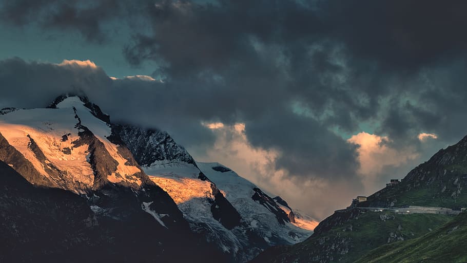 sky, dark, cloud, mountain, highland, tree, plant, nature, landscape HD wallpaper