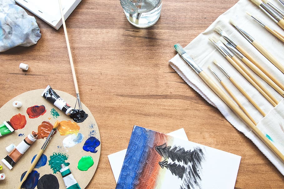 Paint Brushes, Palette & Canvas Photo, Backgrounds, Flatlay