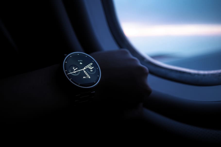 watch, time, clock, airplane, window, flying, travel, trip, HD wallpaper