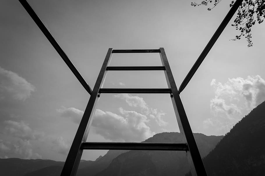 austria, sky, clouds, black and white, ladder, outdoors, sports HD wallpaper
