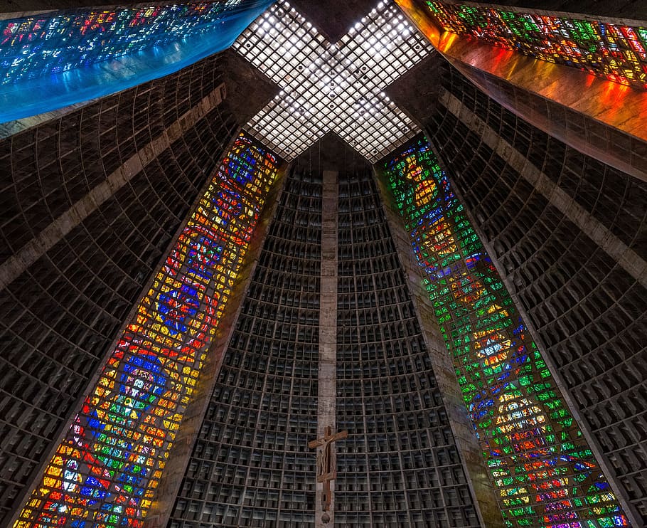 low-angle photography of church ceiling, wall, glass, light, cathedral