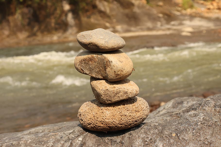 stone, river, landscape, balance, stack, solid, rock, stone - object HD wallpaper