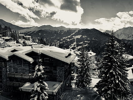 trees, verbier, chalet, mountains, switzerland, classic, snow HD wallpaper