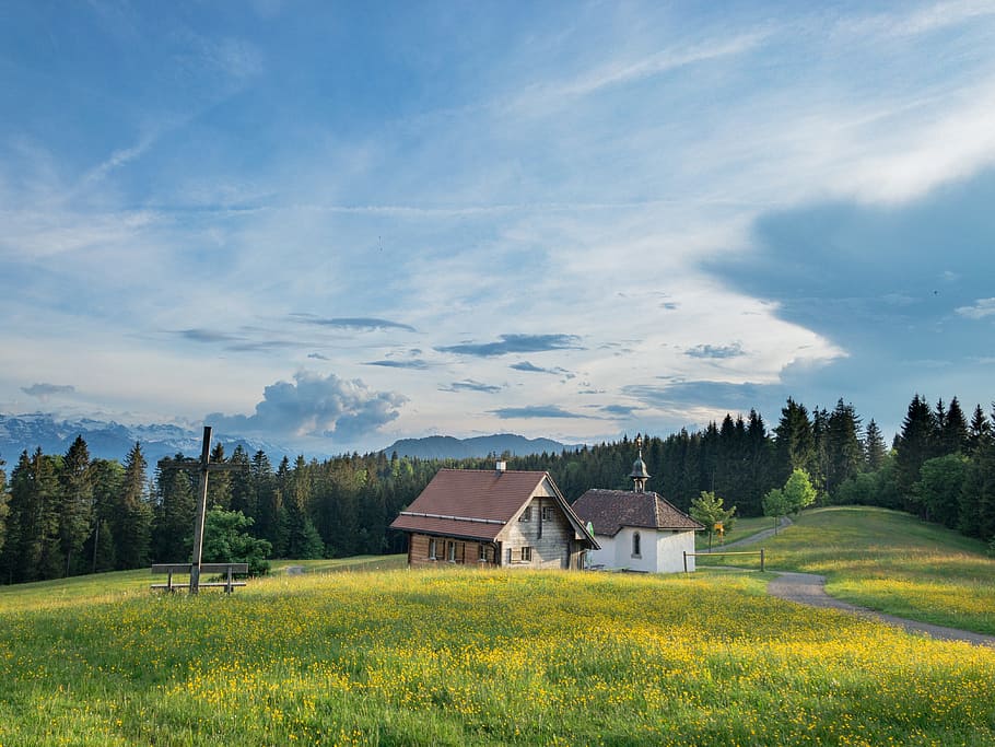 White and Brown House on a Green Field Under Blue Sky, barn, clouds HD wallpaper