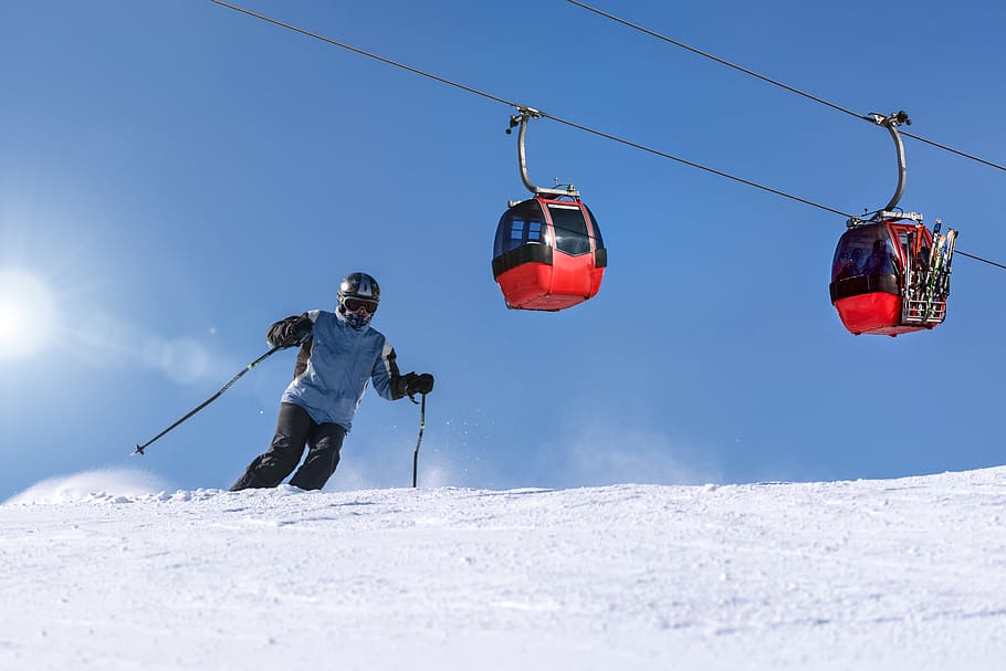 Person Riding Ski on Snow Field, action, adventure, alps, cable car