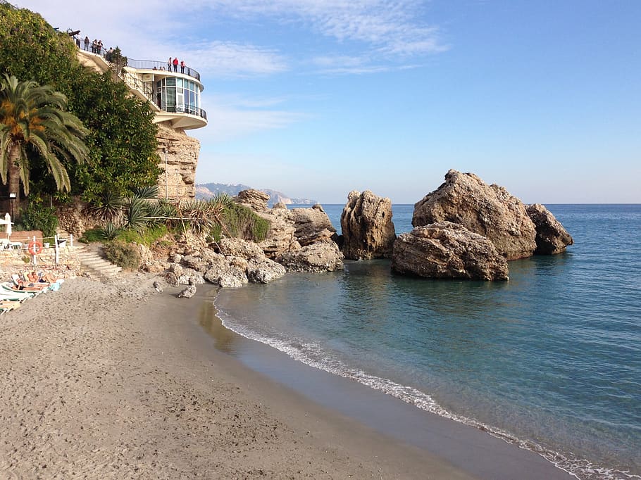 spain, nerja, beach, sea, water, land, sky, rock, beauty in nature HD wallpaper