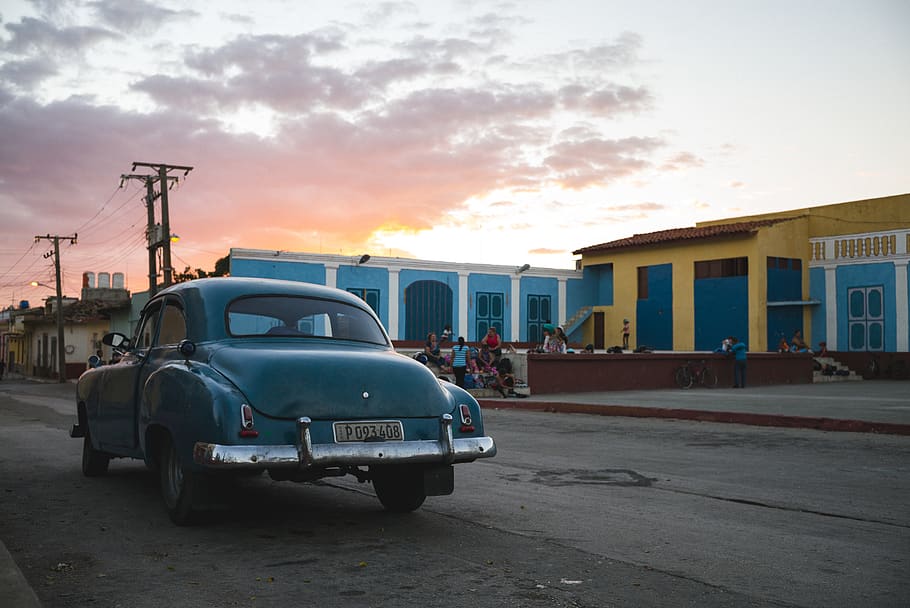 cuba, trinidad, car, old timer, oldtimer, sunset, burning sky HD wallpaper