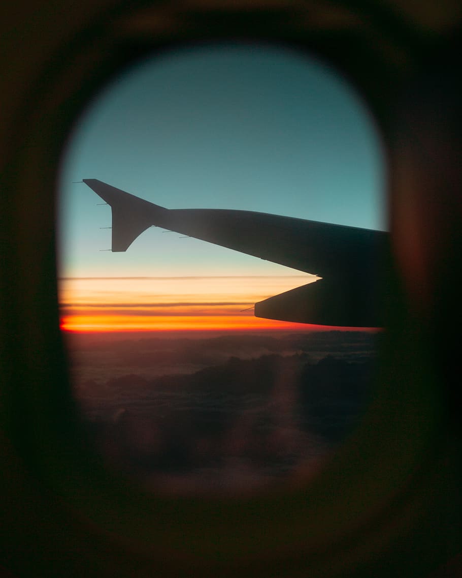 wing of airliner during golden hour, machine, window, propeller, HD wallpaper