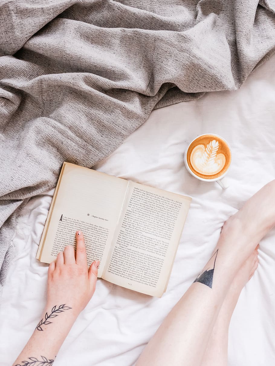 person reading book, high angle view, holding, bed, coffee - drink HD wallpaper