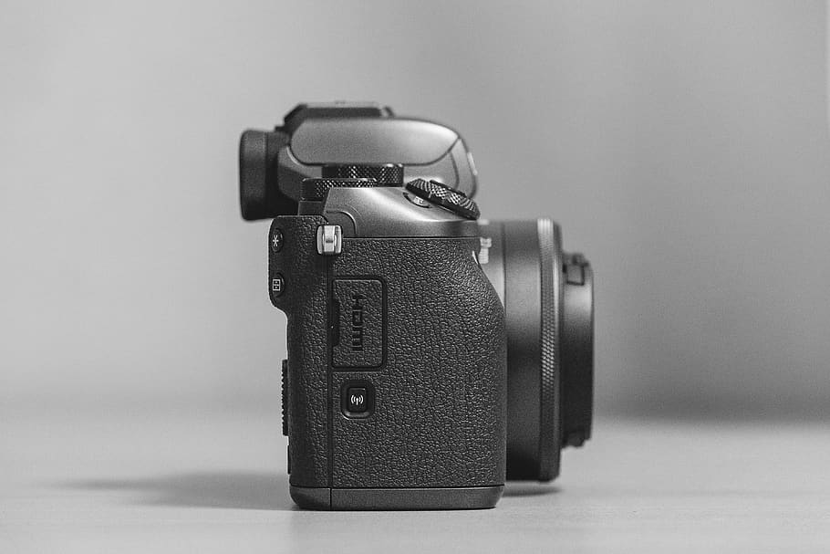 Side-view Close-up Photo of Dslr Camera, black and white, digital camera HD wallpaper