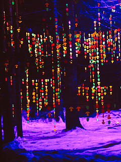 multi-colored lights hanging decor, art, pac man, graphics, modern art HD wallpaper