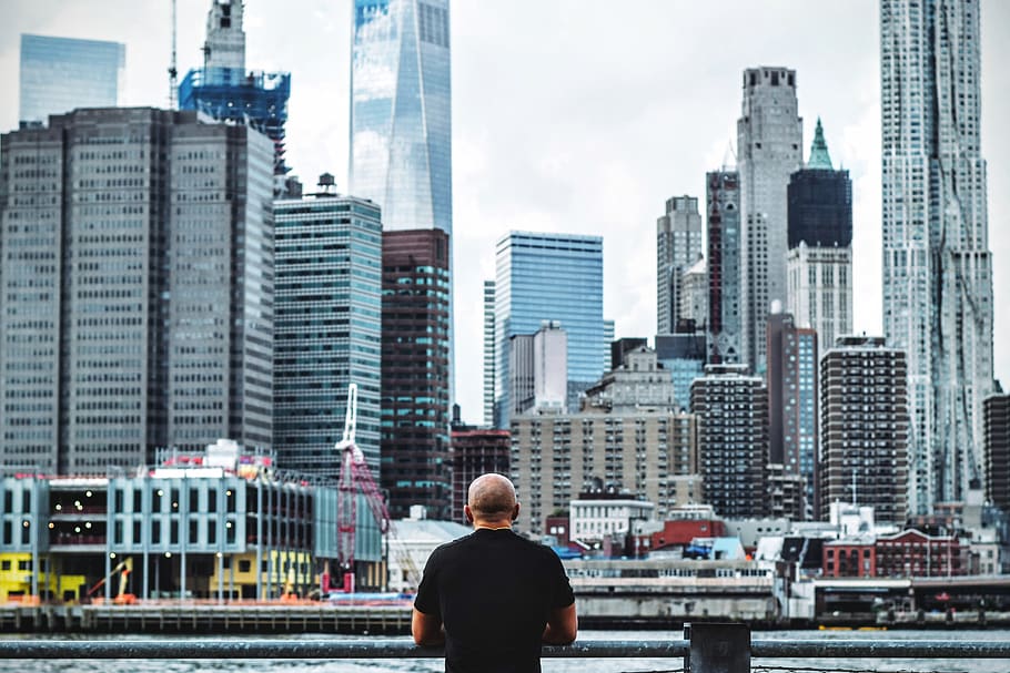 people, man, alone, thinking, skyline, building, infrastructure HD wallpaper