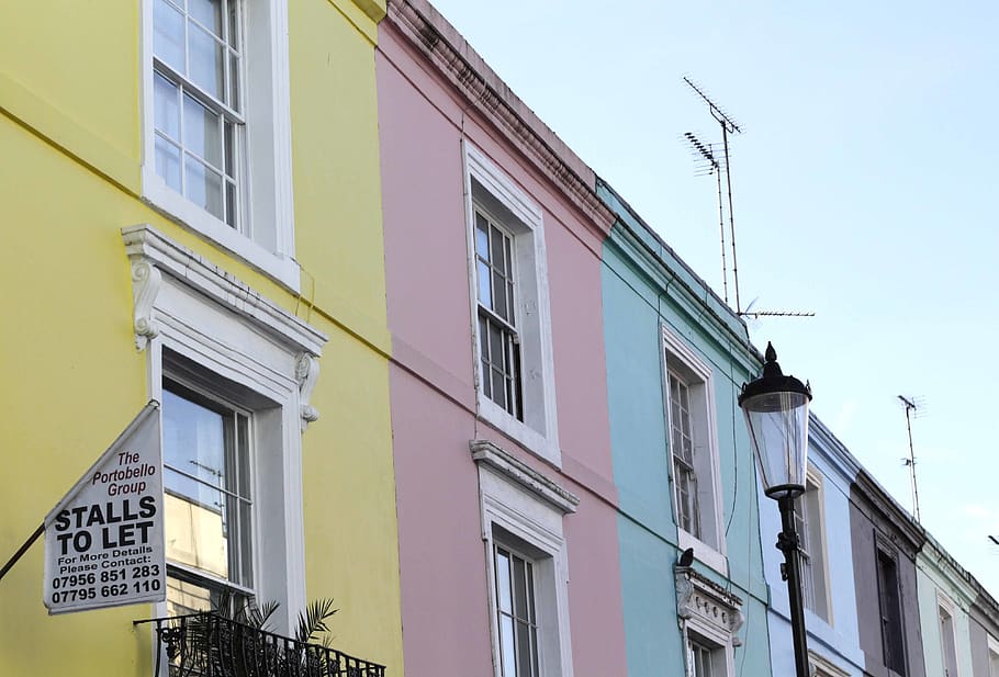 windows, yellow, pink, blue, pastel colours, architecture, building exterior HD wallpaper