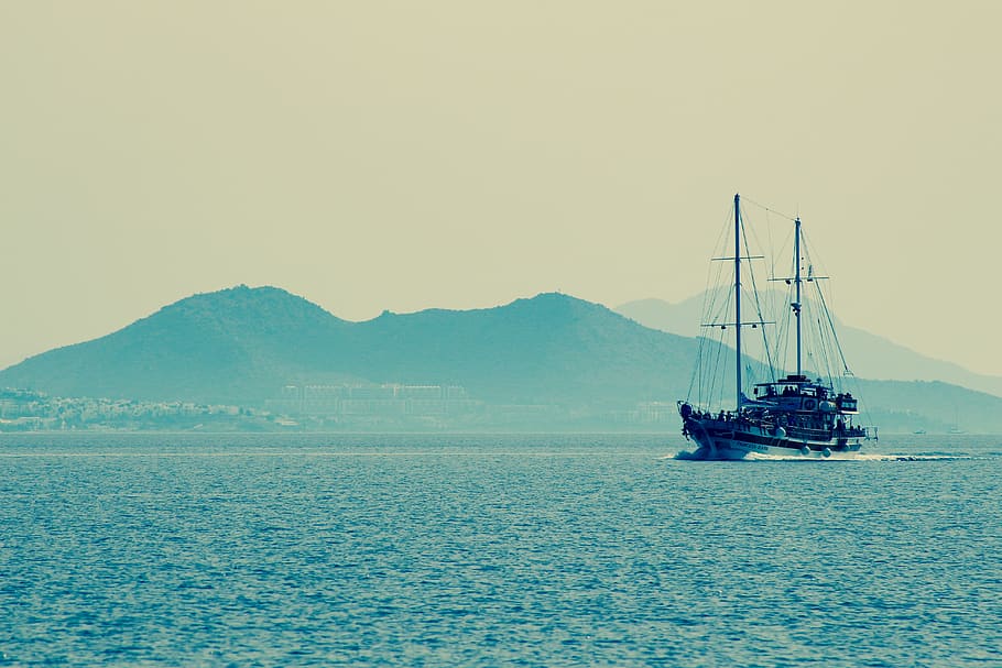 greece, kos, sky, mountain, range, faded, excursion, blue, boat, HD wallpaper