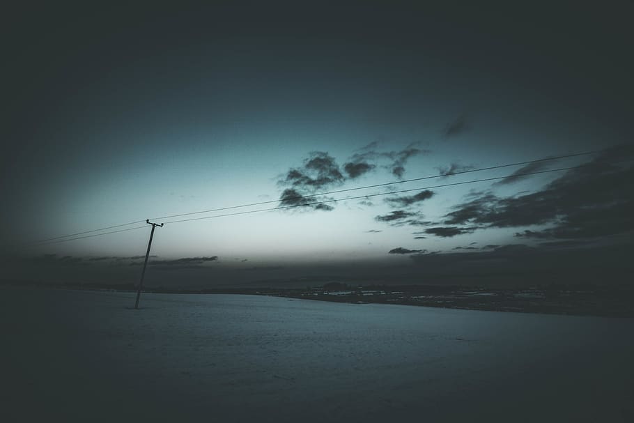 gray utility post under white clouds, cable, power lines, electric transmission tower HD wallpaper