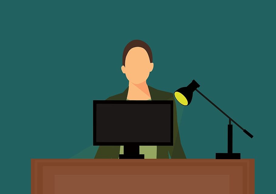 Illustration of secretary working at desk in office., computer