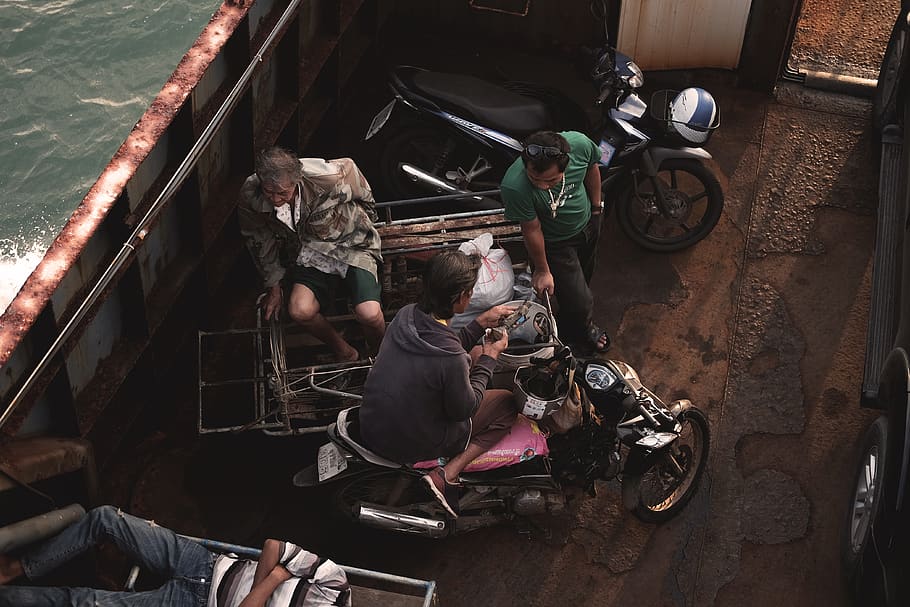 three men on boat at daytime, cambodia, motorcycle, vehicle, transportation HD wallpaper