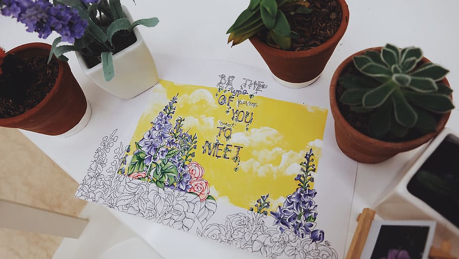 artwork, drawing, sketch, paint, yellow, sky, quote, plants HD wallpaper