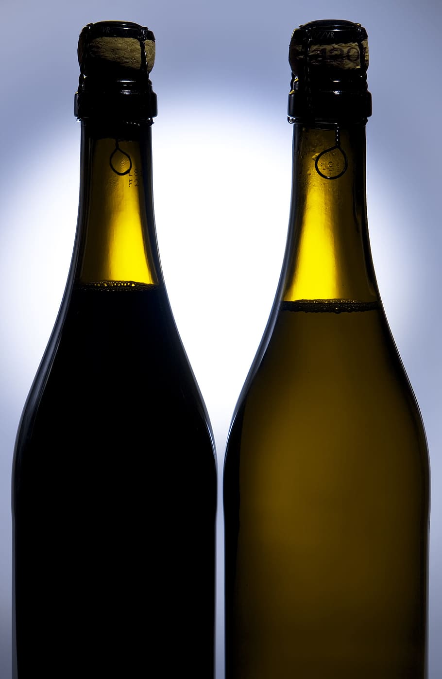 bottles, two, champagne, pair, glass, alcohol, refreshment HD wallpaper