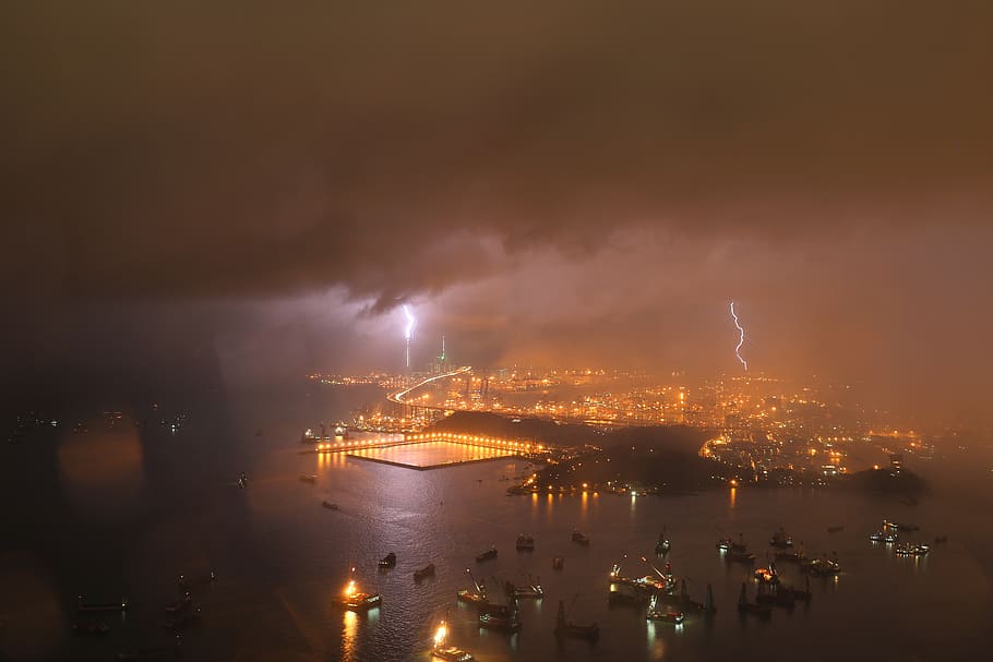 hong kong, lightning, orange, lights, thunder, port, long shutter HD wallpaper