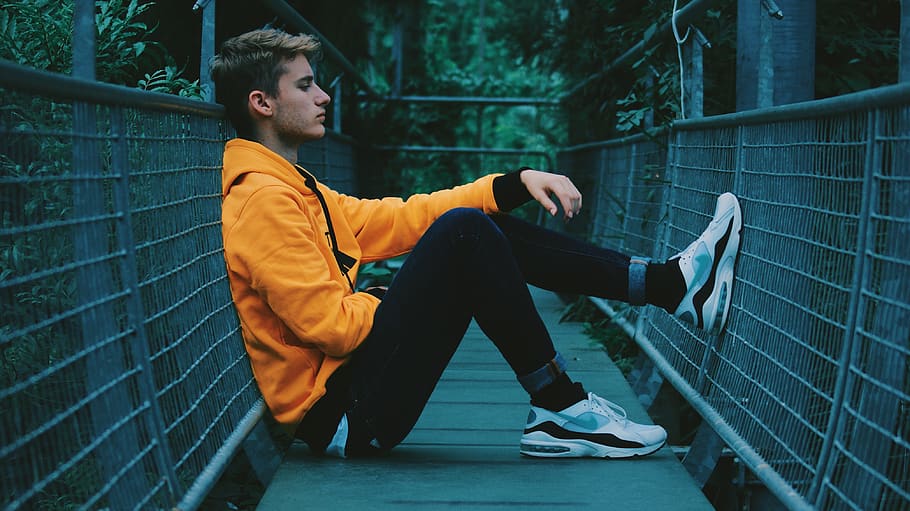 man sitting on hanging bridge, person, human, people, netherlands HD wallpaper