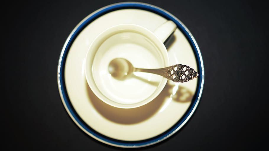 Silver-colored Spoon Inside White Teacup, beverage, blur, chrome HD wallpaper