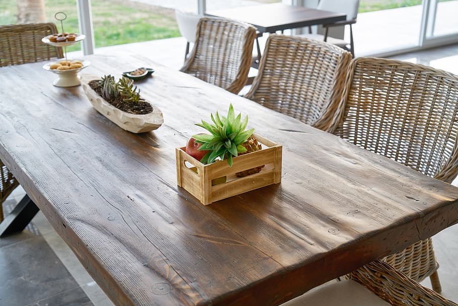 Rectangular Brown Wooden Dining Table and Chairs Set, contemporary HD wallpaper