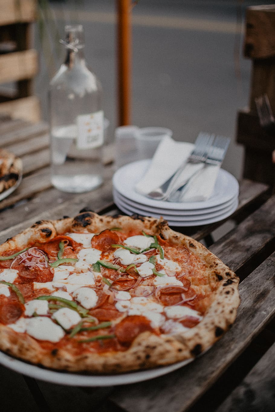 pizza with pepperoni on table, mozarella, tomato, ham, food, italian, HD wallpaper