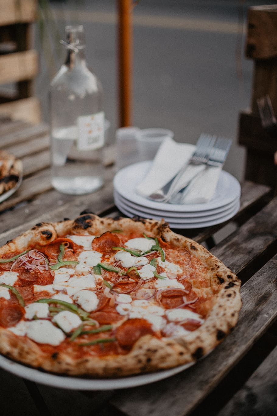 pizza with pepperoni on table, mozarella, tomato, ham, food, italian HD wallpaper