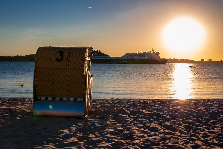 sunset, summer, laboe, baltic sea, vacations, beach, beach chair HD wallpaper
