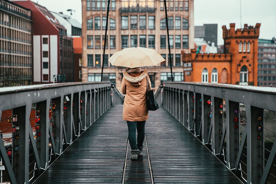 A woman holding umbrella walking on the bridge on a rainy day HD wallpaper
