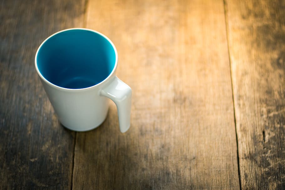 White Ceramic Mug on Table, background, beverage, blue, brown HD wallpaper