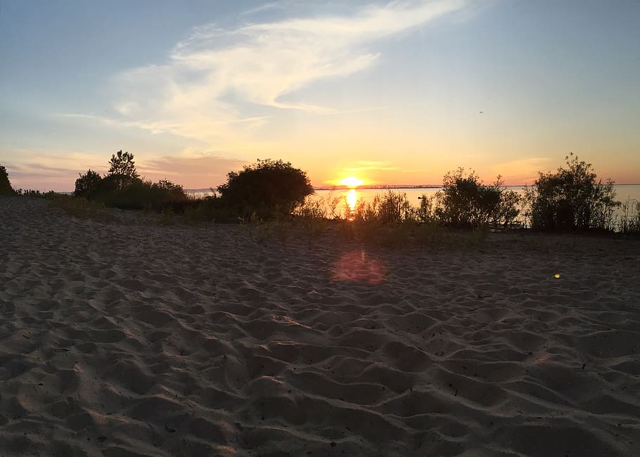 sun, sunset, beach, lake, trees, sand, water, colorful, clouds HD wallpaper
