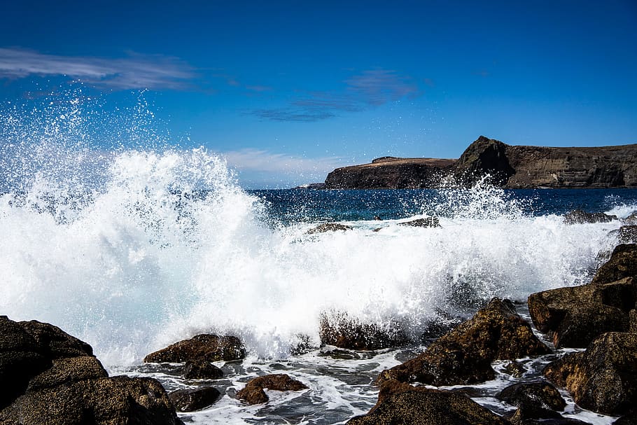 sea, surf, wave, water, coast, landscape, rock, sky, spray HD wallpaper