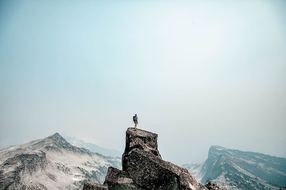 rock, person, mountain, landscape, horizon, solitude, alone, HD wallpaper