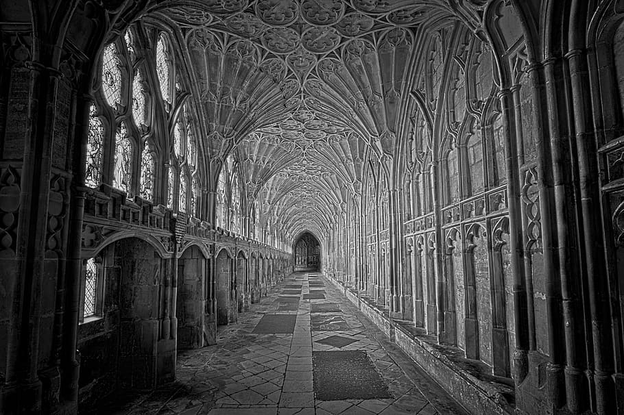 gray scale photography of cathedral, gloucester cathedral, architecture
