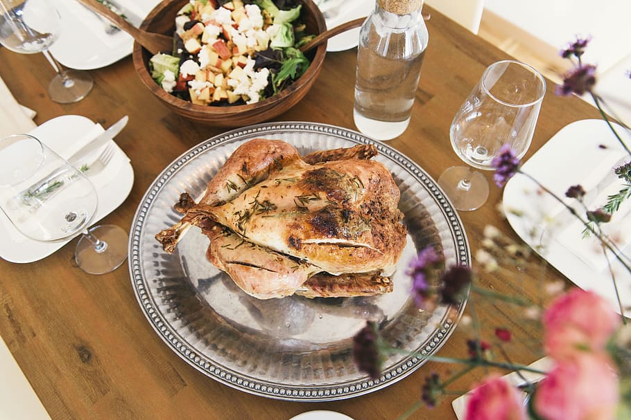food, chicken, table, lunch, plate, glass, utensils, delicious HD wallpaper
