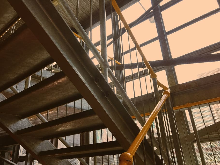 stairs, yellow, low angle view, indoors, architecture, built structure HD wallpaper